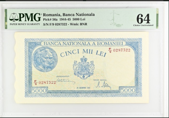 5000 lei dec 1945 PMG64 UNC bancnota gradata