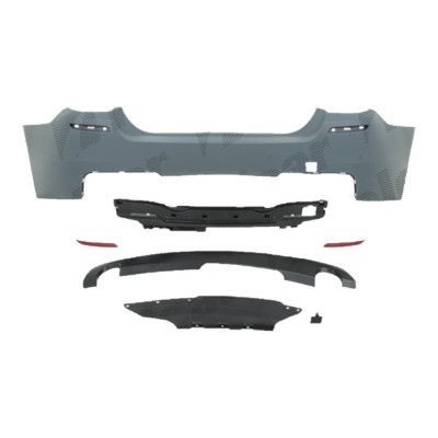 Set bara spate BMW Seria 5 (F10), 12.2009-08.2017, cu suport inferior, cu catadioptri, cu gauri senzori parcare; grunduit, de vopsit; type M-Tech; cu foto