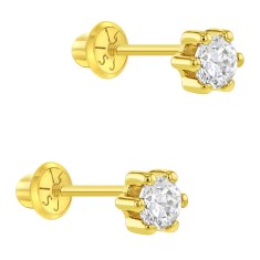 Cercei din Aur 14K pentru Copii, model Clasic cu Piatra CZ Transparenta 4 mm montata in 6 Gherute, inchidere cu Filet si Protectie
