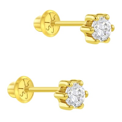 Cercei din Aur 14K pentru Copii, model Clasic cu Piatra CZ Transparenta 4 mm montata in 6 Gherute, inchidere cu Filet si Protectie foto