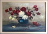 Vas albastru cu trandafiri, pictură veche rom&acirc;nească, semnată D. G., Flori, Ulei, Realism