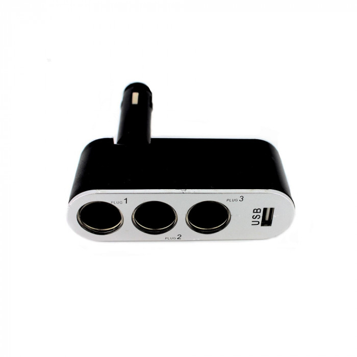 Distribuitor cu 3 pini care poate fi conectat la priza de brichetă + conexiune USB 1A -70 W