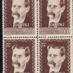 ROMANIA 1956 LP 416 - 20 DE ANI DE LA MOARTEA LUI MAXIM GORKI BLOC 4 TIMBRE MNH