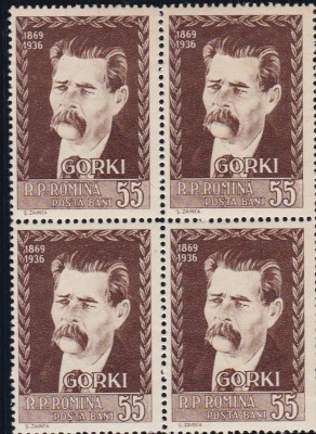 ROMANIA 1956 LP 416 - 20 DE ANI DE LA MOARTEA LUI MAXIM GORKI BLOC 4 TIMBRE MNH foto