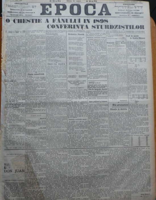 Ziarul Epoca, 9 Noiembrie 1899 ; Dimitrie Sturdza