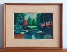 Parcul cu iaz - pictura in ulei semnata, tablou inramat 44x34cm