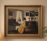 Ulei pe p&acirc;nză "Femeie la fereastră" realizată de artista daneză Edith Gert (1906&ndash;1983)