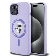 Husa pentru iPhone 15 - Karl Lagerfeld Silicone Ring MagSafe (KLHMP15SSCMKCRHU) - Purple Karl&amp;Choupette Heads