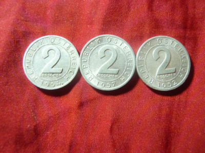 3 Monede 2 grosi Austria 1952 , &amp;#039;54 , &amp;#039;57 , aluminiu , cal. F.Buna foto