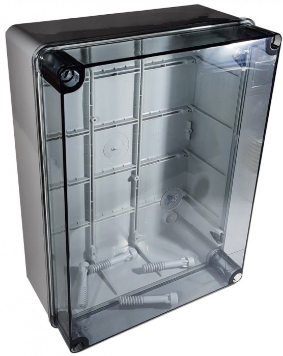 Doza aplicata transparenta 460x380x120mm IP56 pentru distributie jonctiune ABS rezistenta UV fara presetupe margini netede