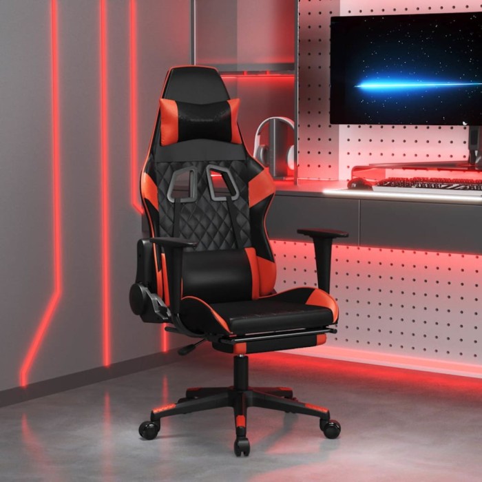 Scaun de gaming cu masaj/suport picioare, negru/roșu, piele eco