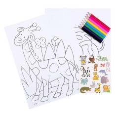 Set &quot;Vad si Desenez&quot; cu Animalute Autocolante, 10 coli de desenat si 8 creioane colorate, 20.5x26.5cm