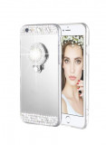 Husa silicon oglinda , inel si pietricele Iphone 6 Plus ; 6+ , Argintiu