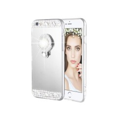 Husa silicon oglinda , inel si pietricele Iphone 6 Plus ; 6+ , Argintiu