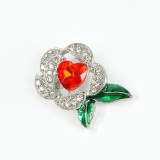 Brosa martisor floare argintie cu inima rosie