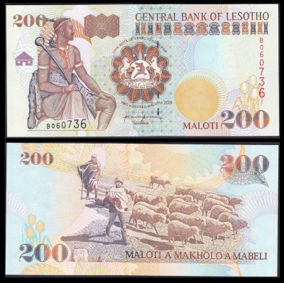 LESOTHO █ bancnota █ 200 Maloti █ 2001 █ P-20b █ UNC █ necirculata foto