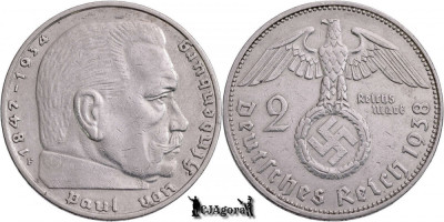 1938 F, 2 Reichsmark - Paul von Hindenburg - Al Treilea Reich (Germania nazistă) foto