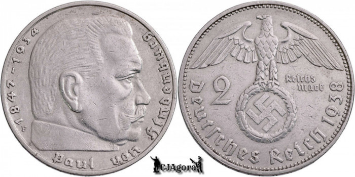 1938 F, 2 Reichsmark - Paul von Hindenburg - Al Treilea Reich (Germania nazistă)
