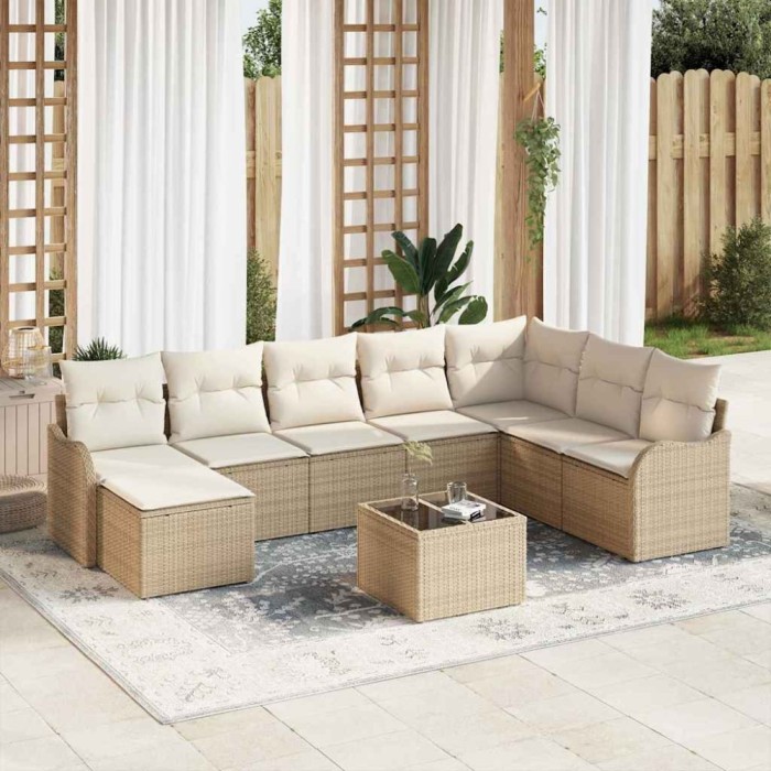 Set de canapele pentru grădină 9 pcs Bej și alb Rattan poli