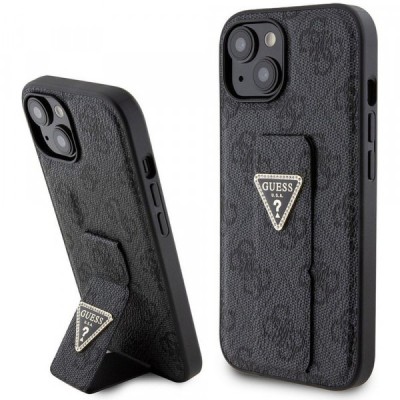 Husa pentru Apple iPhone 15, Guess, Grip Stand 4G Triangle Strass, Neagra foto