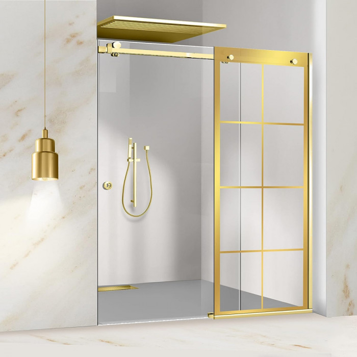 Paravan dus cu usa glisanta Glissando Gold, model Mode auriu, sticla clara securizata, pentru nisa cu latime intre 140-150x205 cm