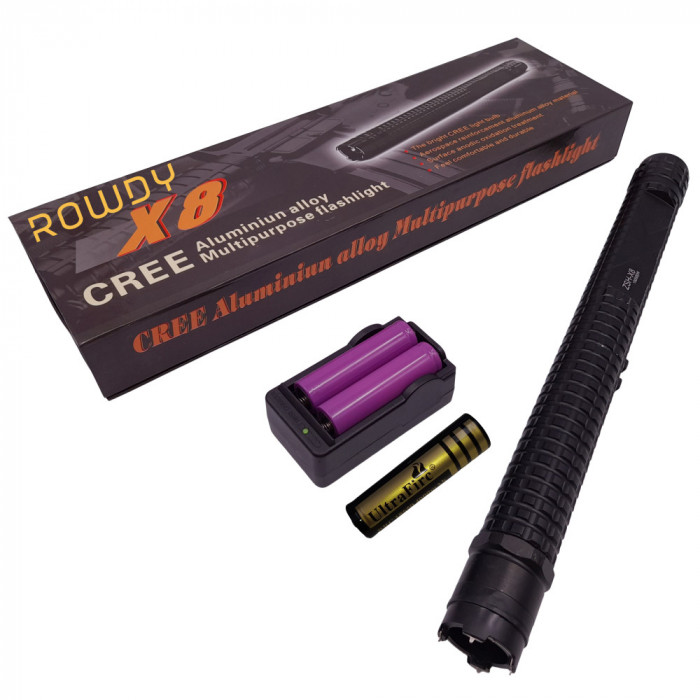 Baston electrosoc si lanterna IdeallStore&reg;, Rowdy X8, metalic, 35 cm, negru, acumulator inclus
