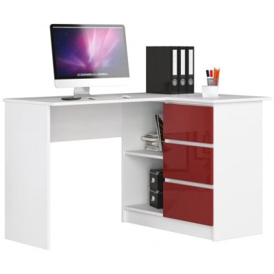 Birou calculator pe colt, placa laminata, 3 sertare, 2 rafturi, pe dreapta, alb si rosu lucios, 124x85x77 cm GartenVIP DiyLine foto