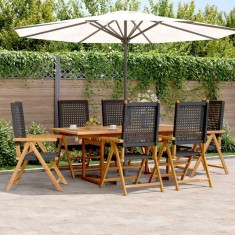 vidaXL Set masă pentru grădină, 7 piese, negru, poliratan/lemn masiv 3281730
