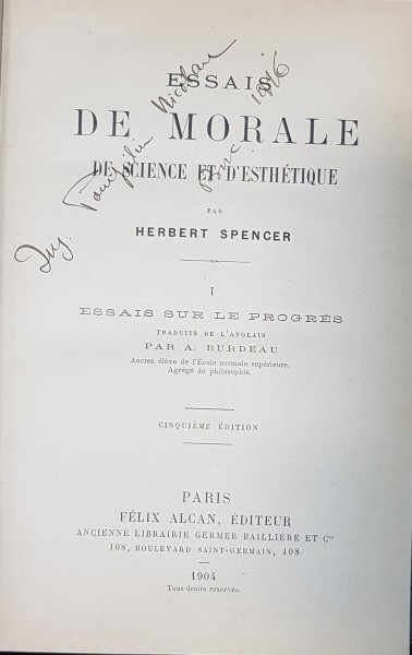 ESSAIS DE MORALE DE SCIENCE ET D&#039;ESTHETIQUE par HERBERT SPENCER - PARIS, 1904