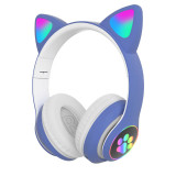 Casti wireless pliabile cu urechi de pisica iluminate LED,Bluetooth 5.0,Albastru