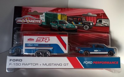 Macheta Ford F150 Raptor + Ford Mustang GT - Majorette Transporter 2023 foto