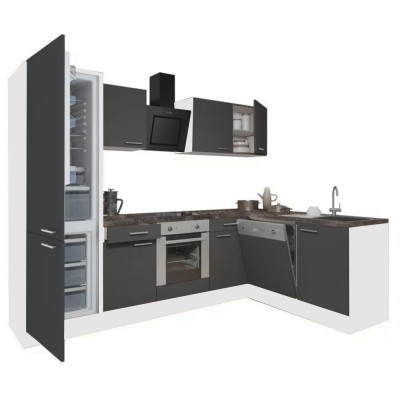 Mobilă de bucătărie de colț Yorki 280, corp alb, față antracit satinat, element inferior cuptor, frigider inferior cu dedurizator foto