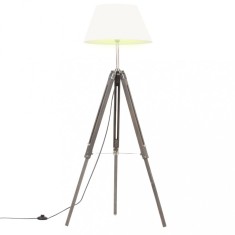 Lampă de podea cu trepied, gri/alb, 141 cm, lemn masiv de tec foto