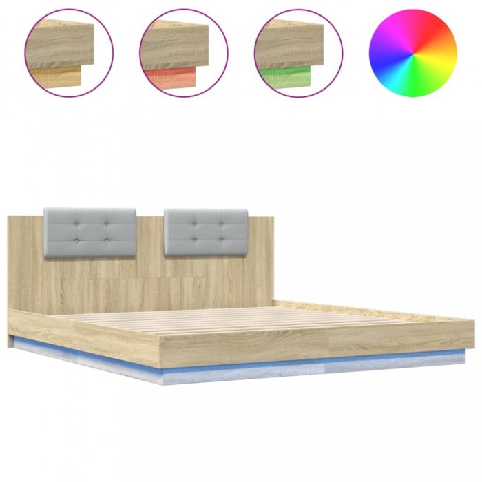 Cadru de pat cu tablie si lumini LED, stejar sonoma, 160x200 cm