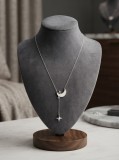 Colier Argint 925 Celestial Y-Lariat Semiluna Stele Femei, Atcom, 50 cm, Inchizatoare Carabina Clasica