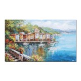 Tablou lacul Como, veliere in port pictat manual, 100x60cm ulei pe panza in cutit efect 3D, Valentin Pop