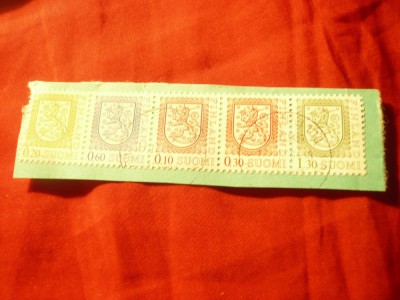 Straif Finlanda - Steme - Banda de Carnet pe fragment , 5 val. stampilate foto
