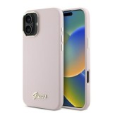 Husa pentru iPhone 16 - Guess Silicone Script Metal Logo &amp; Frame (GUHCP16SSMBSLP) - Pink
