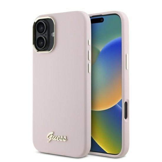 Husa pentru iPhone 16 Plus - Guess Silicone Script Metal Logo &amp; Frame (GUHCP16MSMBSLP) - Pink