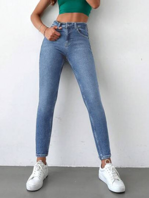 Blugi skinny, cu buzunare si talie inalta, Petite, albastru, dama, Shein foto