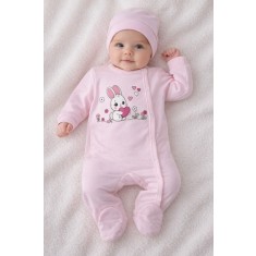Salopeta bebe fete roz deschis iepuras inimioara bumbac cu caciula (Marime