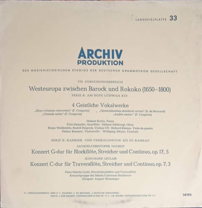 Disc vinil, LP. 4 Geistliche Vokalwerke. Konzert G-dur F&uuml;r Blockfl&ouml;te, Streicher Und Continuo Op.17 Nr.5.-242469