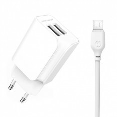 Incarcator Retea cu cablu MicroUSB XO Design L35D, 2.1A, 2 X USB, Alb