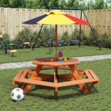 vidaXL Masă picnic pentru 6 copii cu umbrelă, hexagon, lemn masiv brad 3281627