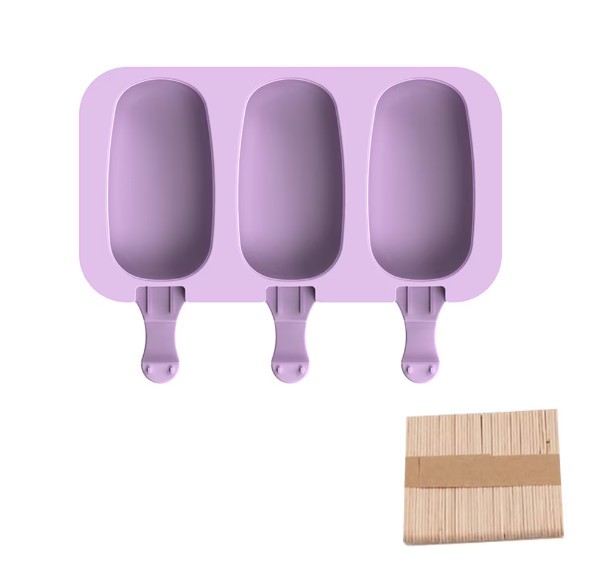 Forma inghetata cu 3 compartimente, din silicon alimentar, 50 de bete, Forma ovala, Mov, 19 x 11 cm, TopBazar