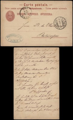 Switzerland 1880 Old postcard Postal stationery Aarau to Antwerp Beglium D.795 foto