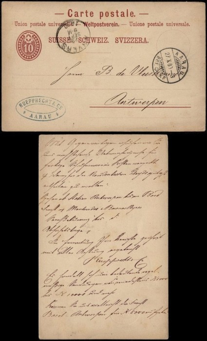 Switzerland 1880 Old postcard Postal stationery Aarau to Antwerp Beglium D.795