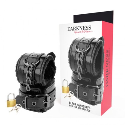 DARKNESS - BLACK ADJUSTABLE LEATHER HANDCUFFS WITH PADLOCK foto
