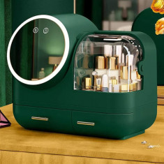 Organizator cosmetice cu ventilator, oglinda iluminare LED rotativa, VERDE foto