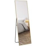 HOMCOM Mare oglindă rectagulară &icirc;n &icirc;ntregime, 50 x 160 cm, oglindă pe picior, pe perete oră așezată pe podea, auriu | Aosom Romania